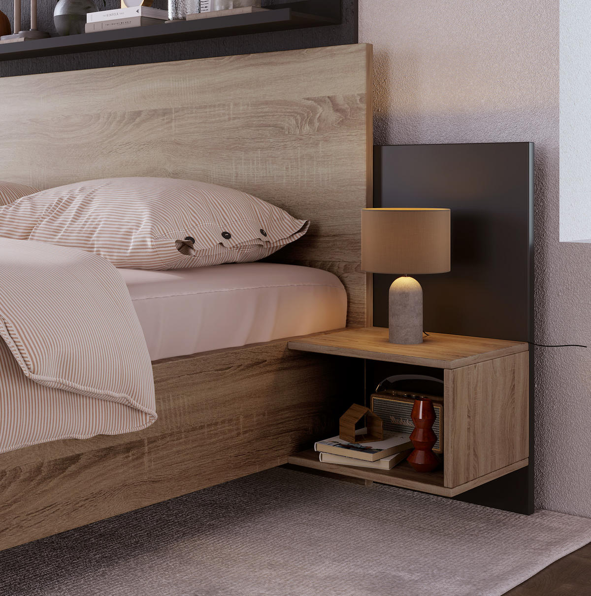POLSTERBETT 160/200 cm Sonoma-Eiche/Dunkelgrau aus Massivholz mit 2 Nachtkommoden 3er Set - Dunkelgrau, Holz (160/200cm) - OKMYHOME