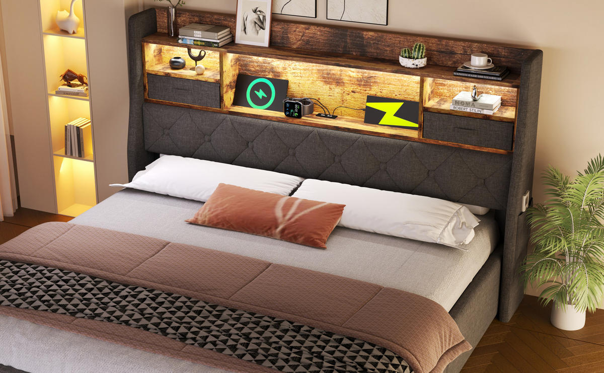 POLSTERBETT 180/200 cm Grau aus Leinen mit Stauraum und LED - Grau, Textil (180/200cm) - OKMYHOME