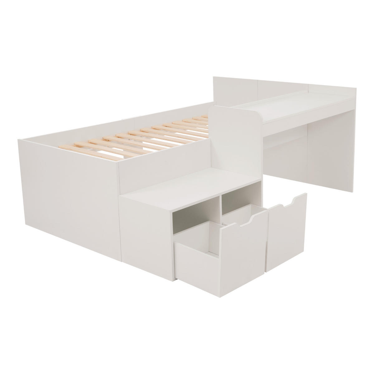 KINDEREINZELBETTEN aus Massivholz und MDF 90x200 cm in Weiß mit Schreibtisch & Schubladen - Weiß, Holzwerkstoff (90/200cm) - Modfu