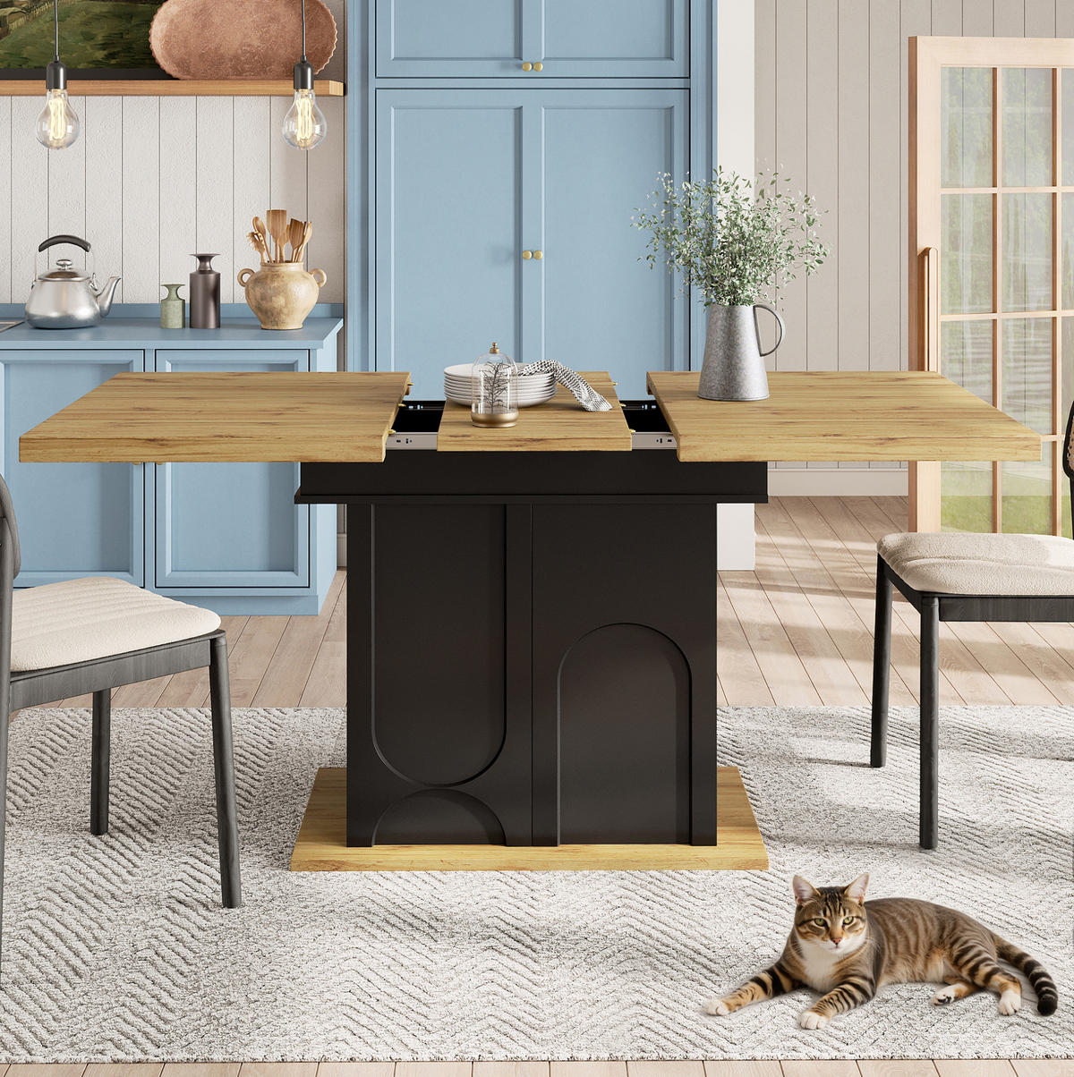 ESSTISCH aus MDF 110-140x80x76 cm Schwarz/Natur ausziehbar mit Stauraum und Soft-Close-Tür - Schwarz, Holzwerkstoff (140/80/76cm) - Modfu
