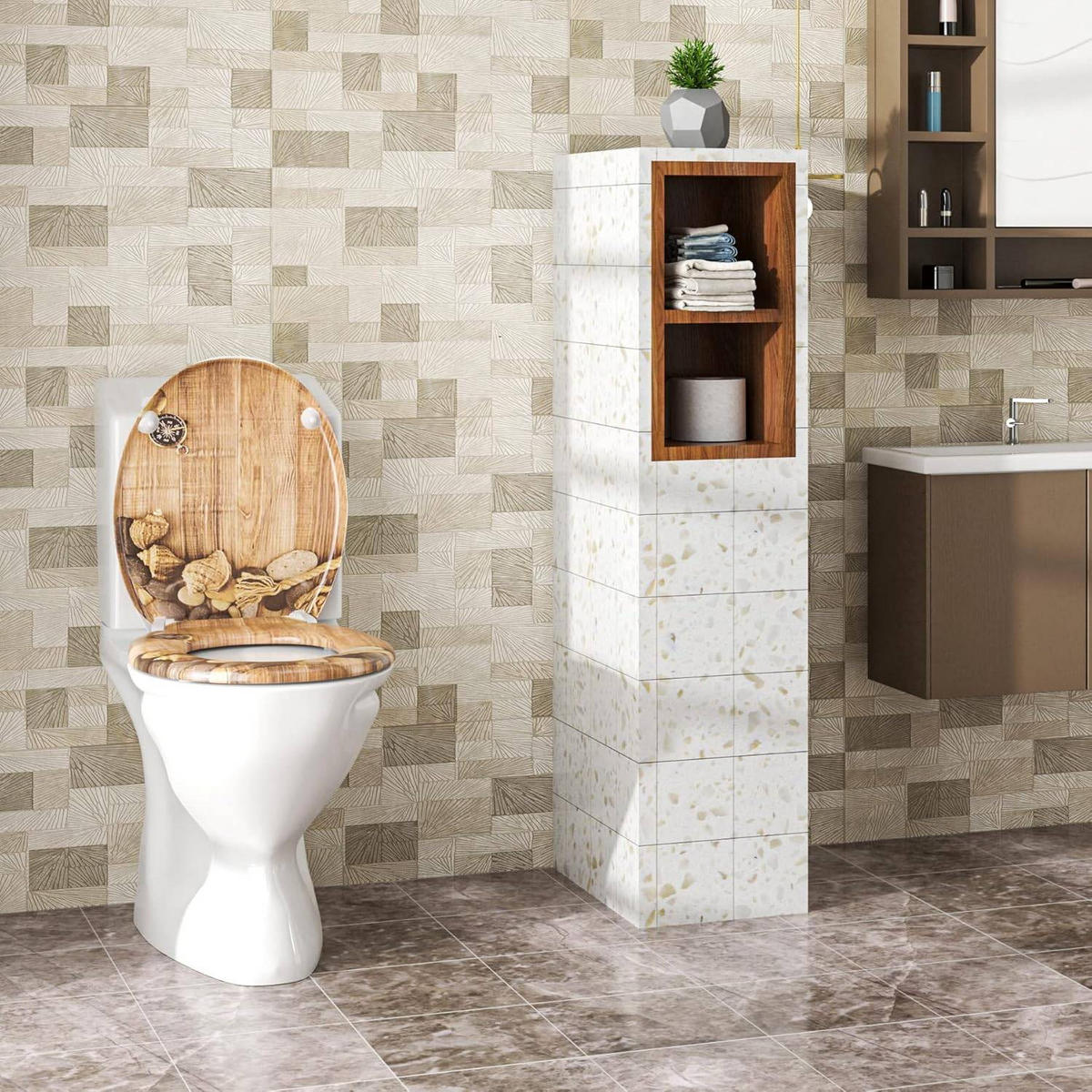 WC SITZ mit Absenkautomatik,Antibakteriell Oval,Beige Schale - Braun, Kunststoff (37/2.5/45cm) - Woltu