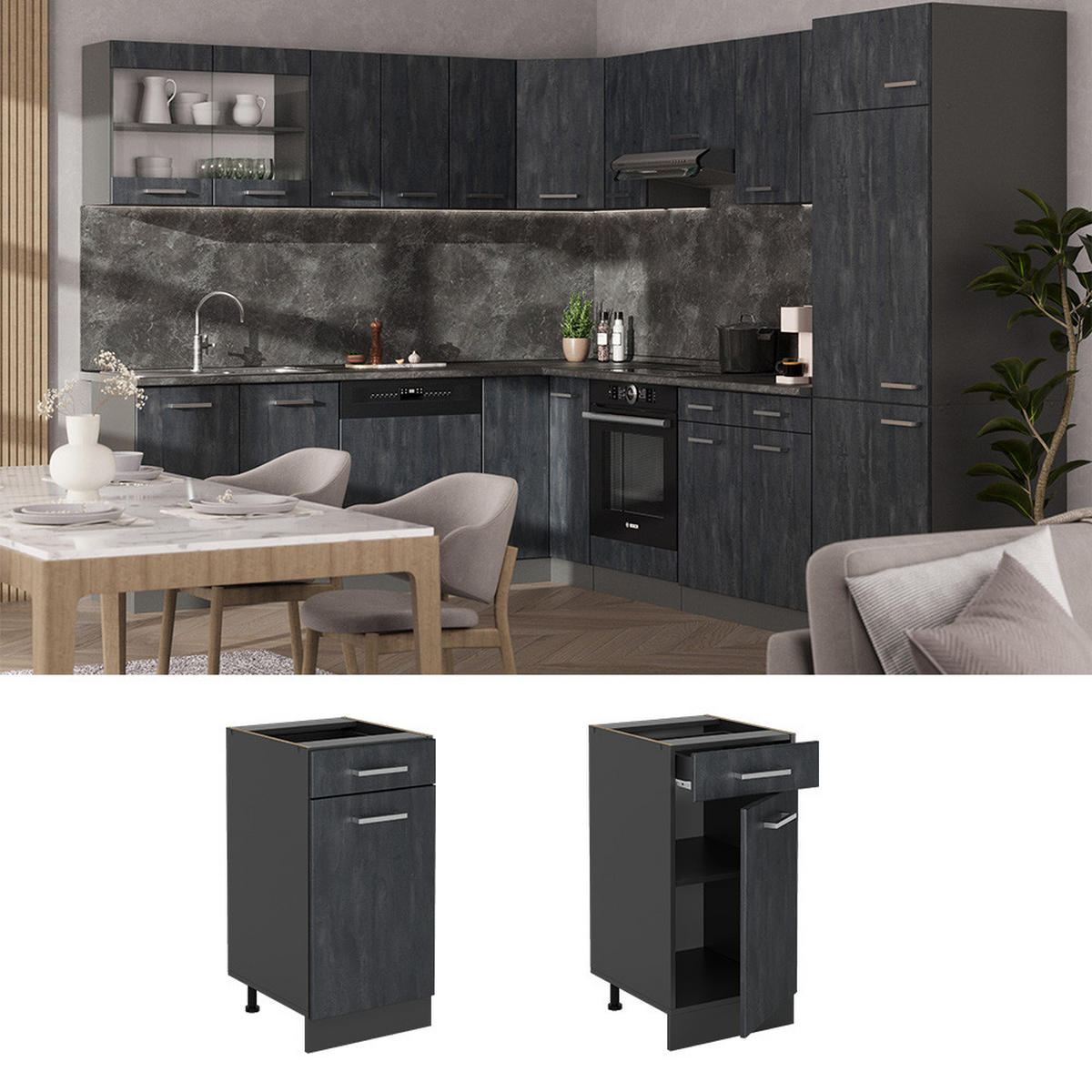 KÜCHENUNTERSCHRANK R-Line Schwarz Beton 40 cm ohne Arbeitsplatte - Anthrazit/Schwarz, Holzwerkstoff (40/81.6/46cm) - Vicco