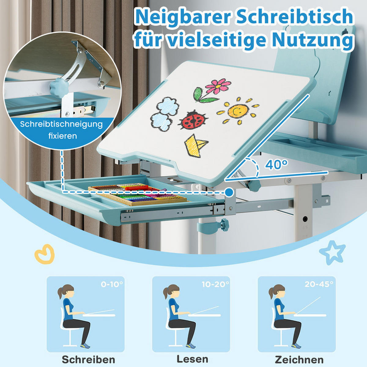 KINDERSCHREIBTISCH mit Stuhl blau(2-tlg) - Blau, Metall (80/83/50cm) - COSTWAY