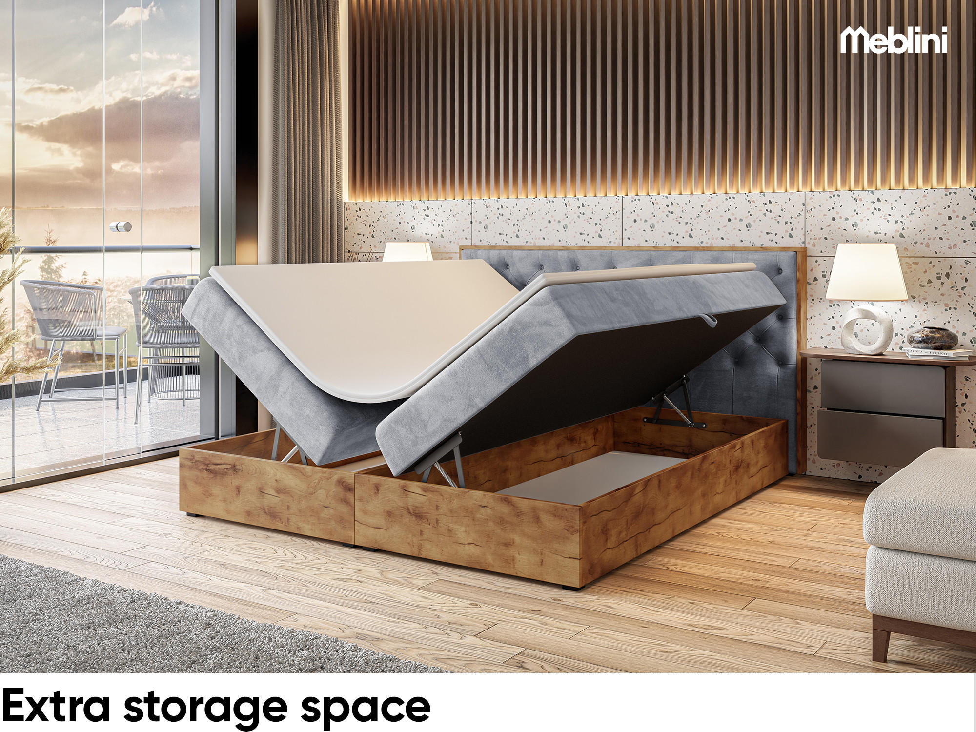 Thumbnail - Meblini Boxbett, Hellgrau, Textil, H4, 200x200 cm, Schlafzimmer, Betten, Boxspringbetten