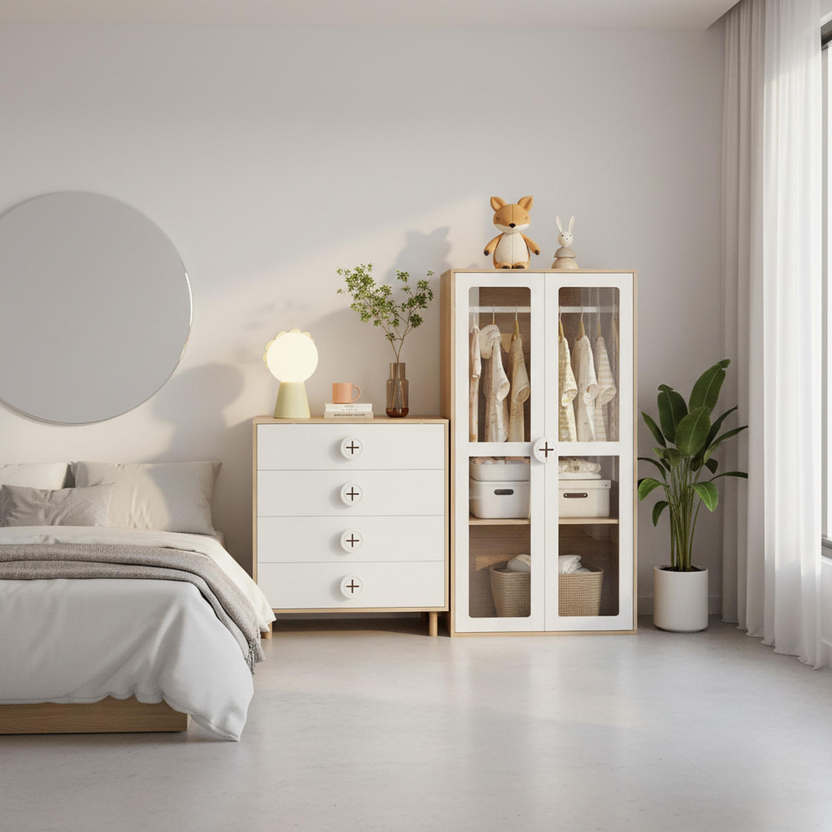 KLEIDERSCHRANK SET Weiß & Holz mit Kommode 2-tlg Möbelkombination - Sonoma Eiche, Glas/Holzwerkstoff (80/150/50cm) - Urban Meuble