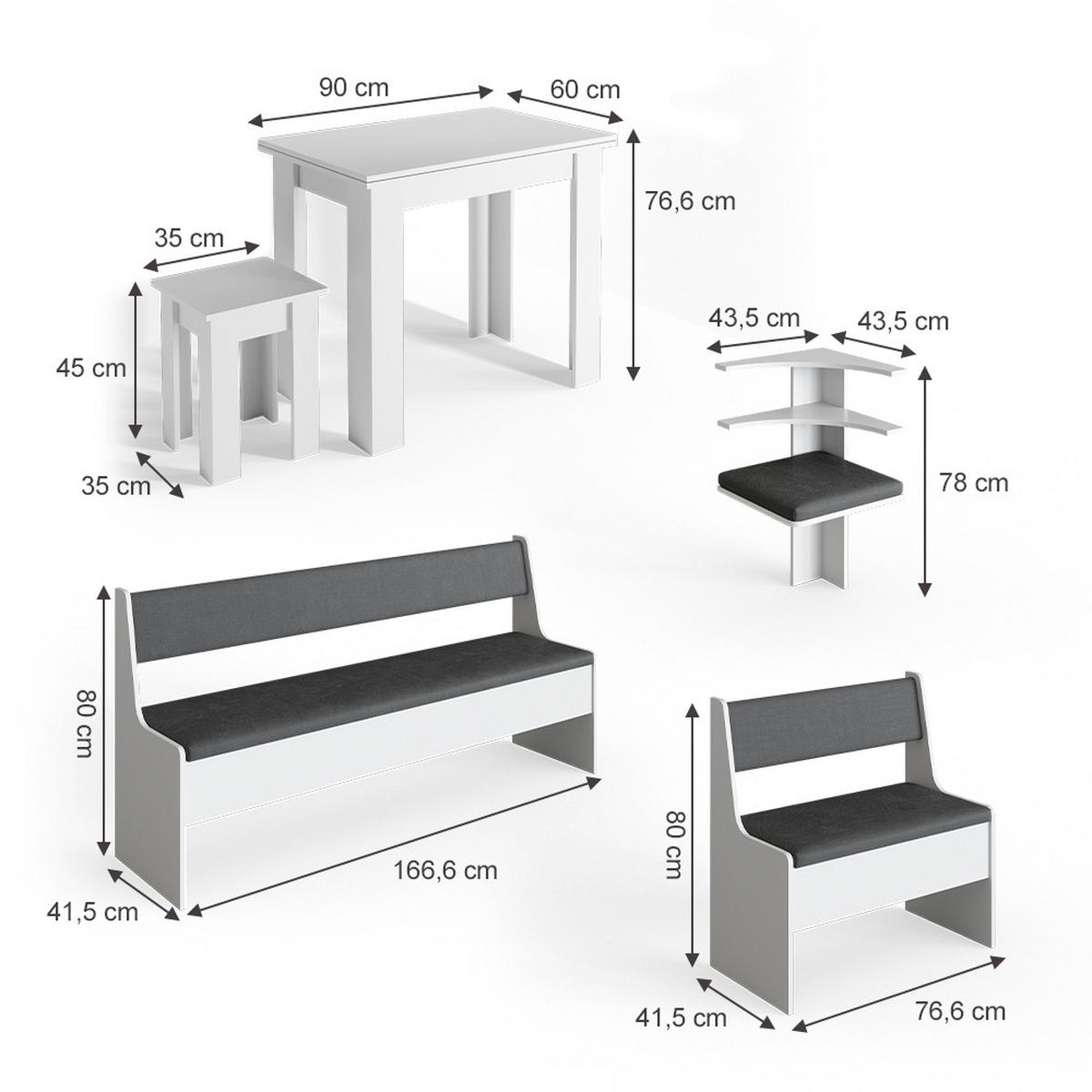 ECKBANKGRUPPE Roman Weiß 210 x 41.5 cm mit Tisch - Anthrazit/Weiß, Holzwerkstoff (210/80/120cm) - Vicco