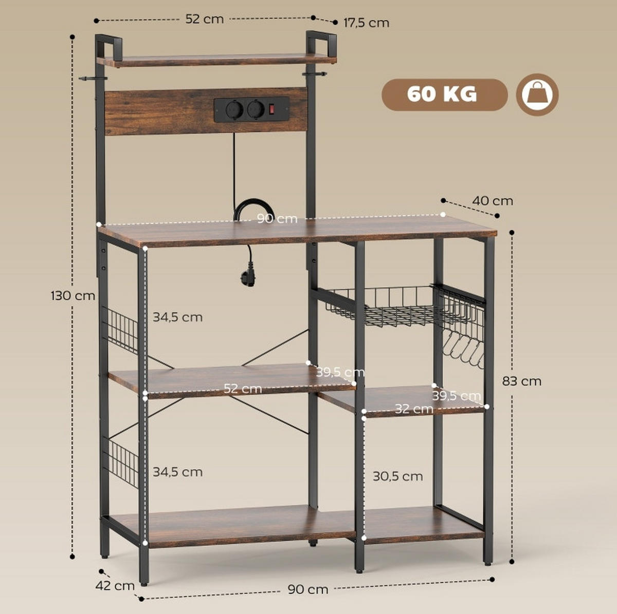 KÜCHENREGAL mit Steckdosen 90 x 42 x 130 cm Rustic Brown - Braun, Holz (42/130/90cm) - Beauniv
