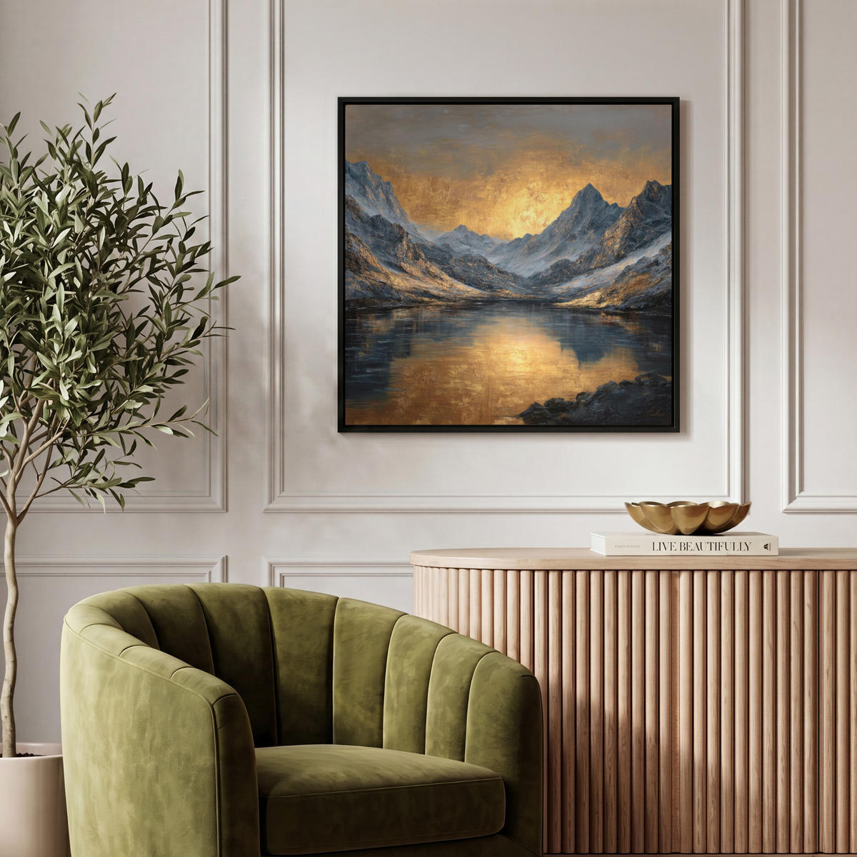 LEINWAND Bilder mit Rahmen - Bergkulisse mit goldenem Sonnenuntergang - 50x50 - Goldfarben, Textil (50/50cm) - MuchoWow