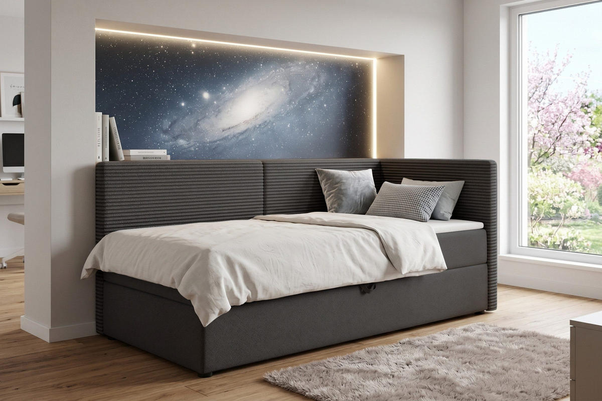 BOXBETT MILA 100/200 in Cord/Velours Anthrazit H4 rechts - Anthrazit, Holz/Holzwerkstoff (100/200cm) - Deine Möbel 24