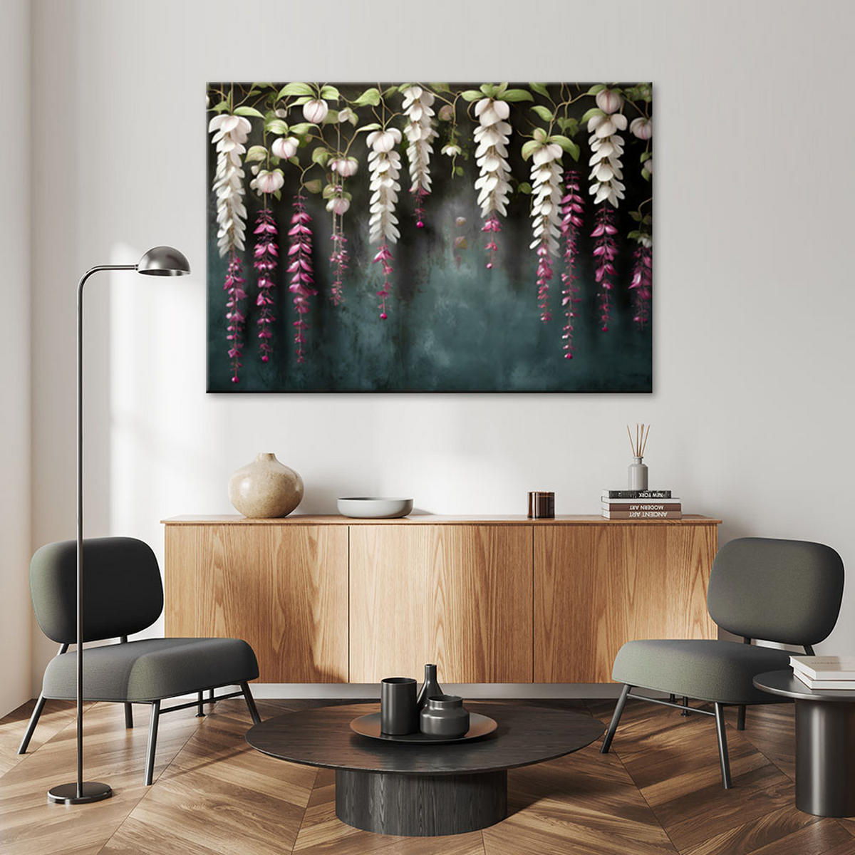 LEINWANDBILD Hängende Glyzinienblüten - Grün, Textil (90/60cm) - Feeby