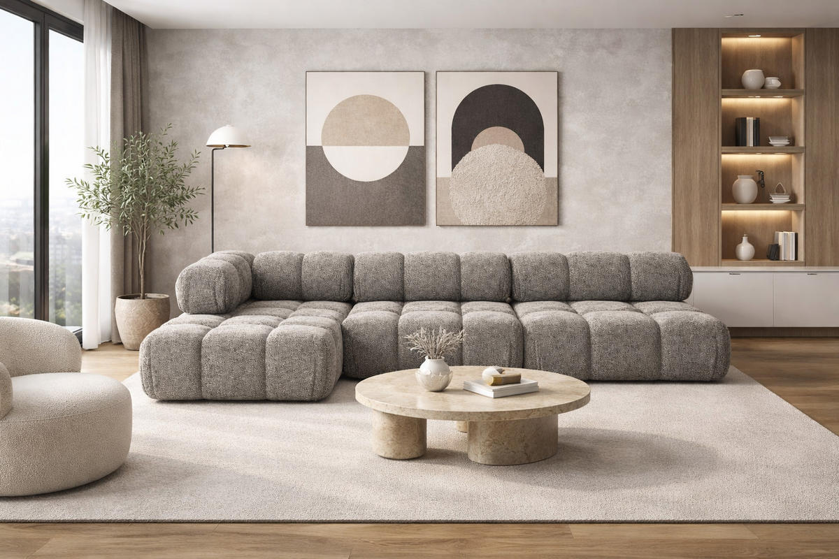 ECKSOFA L-Form Modulare, Bouclé-Stoff Abriamo, Braun, Links, Selia - Braun, Holz (285/160cm) - Kaiser Möbel