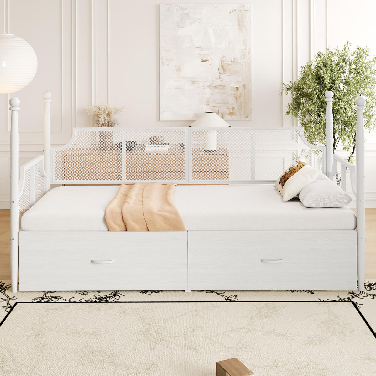 METALLBETT 90/200 cm weiß mit Vintage-Rückenlehne und Ablagefächern - Weiß, Metall (90/200cm) - OKWISH