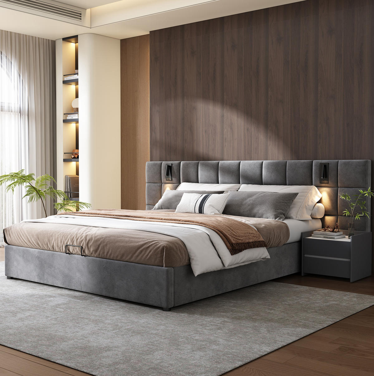 POLSTERBETT aus Samt 180x200 cm in Grau mit Stauraum, LED-Leselicht & USB - Grau, Textil (180/200cm) - Modfu