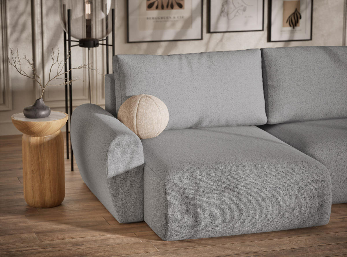 WOHNLANDSCHAFT MIT SCHLAFFUNKTION Numba Hellgrau Webstoff - Hellgrau/Schwarz, Holz/Holzwerkstoff (397/70/153cm) - Maison de Reve