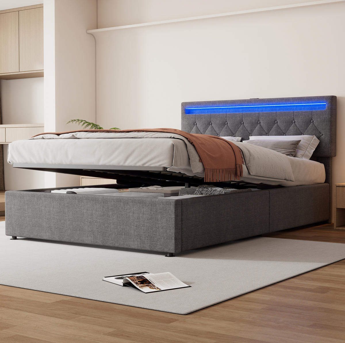 POLSTERBETT aus Leinen 140/200 cm mit LED-Beleuchtung, USB- und USB-C-Anschluss und hydraulischem Bettkasten, Grau - Grau, Textil (140/200cm) - Redom