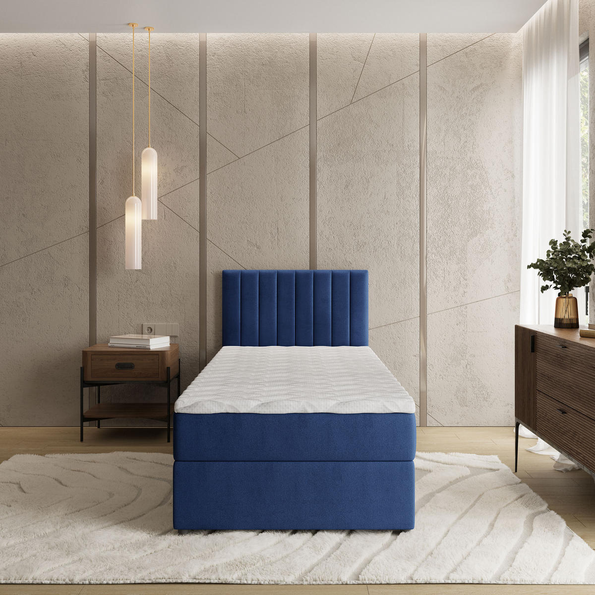 BOXBETT BRESEL 100 100x200 cm mit Matratze und Topper, H2+H3 - Blau - Blau, Holz (100/200cm) - MASSENO
