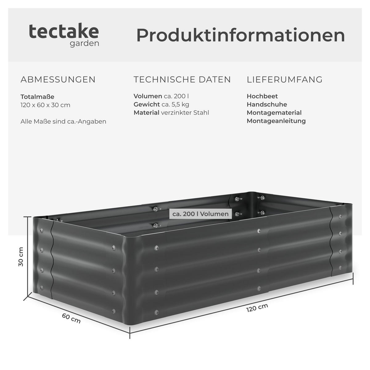 HOCHBEET Salvia, verzinkter Stahl, offener Boden, 120 x 60 x 30 cm, grau - Grau, Metall (60/30/120cm) - tectake
