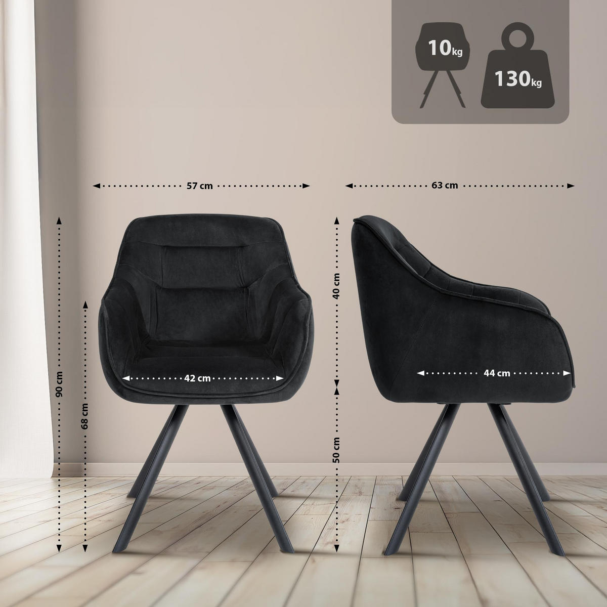 ARMLEHNENSTUHL Samt schwarz - Schwarz, Textil/Metall (57/90/63cm) - CLP