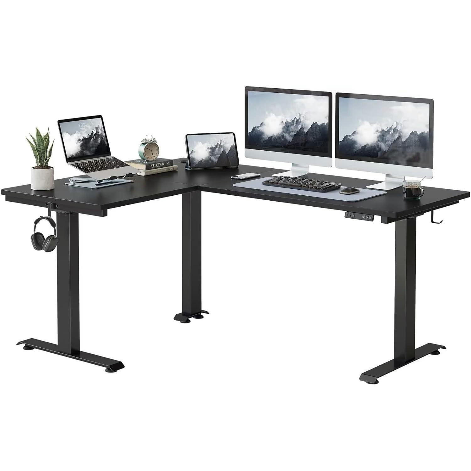 STEHSCHREIBTISCH L-Form elektrisch höhenverstellbar 160 x 120 cm Schwarz - Schwarz, Metall (160/120/75cm)