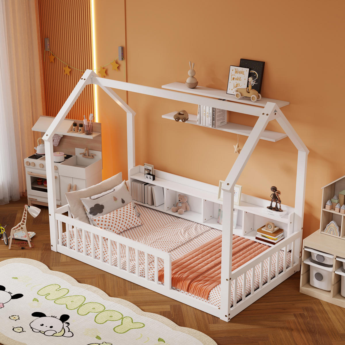 HAUSBETT 90/200 cm mit Ablagefächern, DE-41877, in Weiß - Weiß, Holz (90/200cm) - ComfortXL