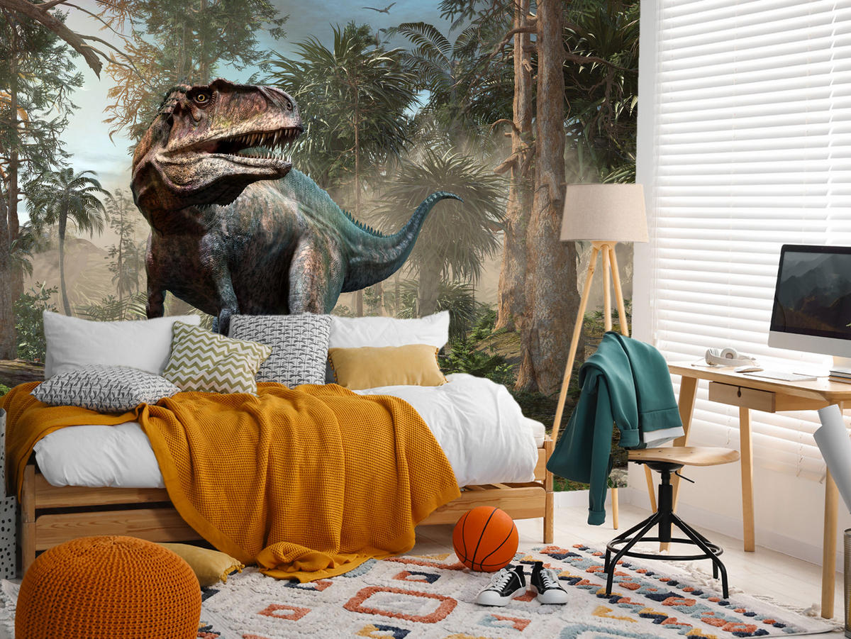 FOTOTAPETE für Jugendzimmer Realistischer Dinosaurier Dschungel Palmen 350x256 - Beige/Schwarz, Papier (350/256cm) - Muralo