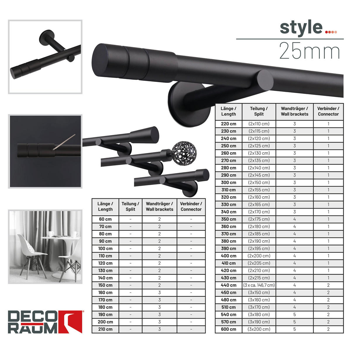 GARNÍŽOVÁ tyč na mieru 1 koľajnicová nástenná montáž valec 440 cm - čierna, kov (440cm) - Deco-Raum