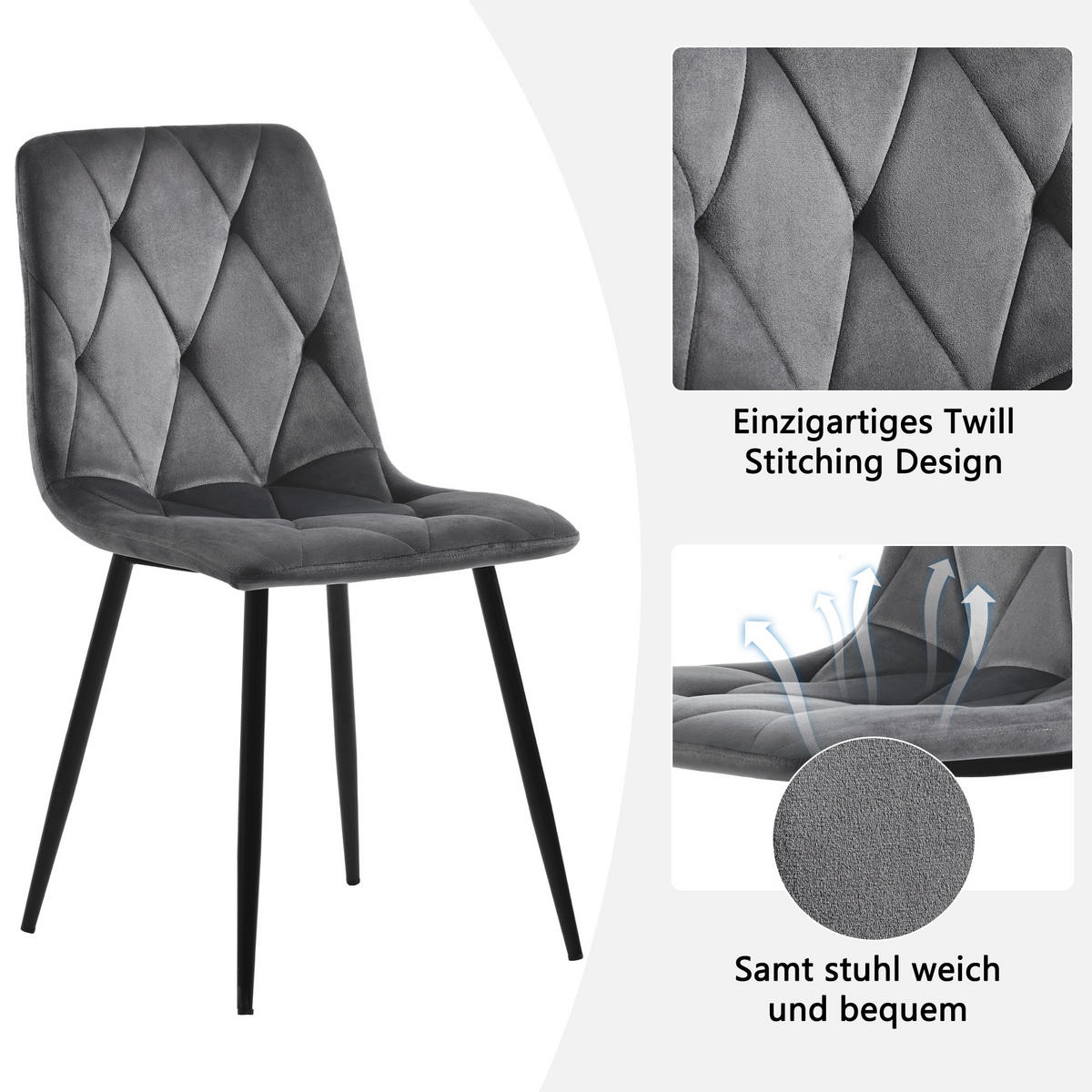 ESSTISCHSET 5-Teilig Rund Marmor, Schwarze Beine, 4 Graue Stühle - Grau, Metall (100/75/100cm) - FLIEKS