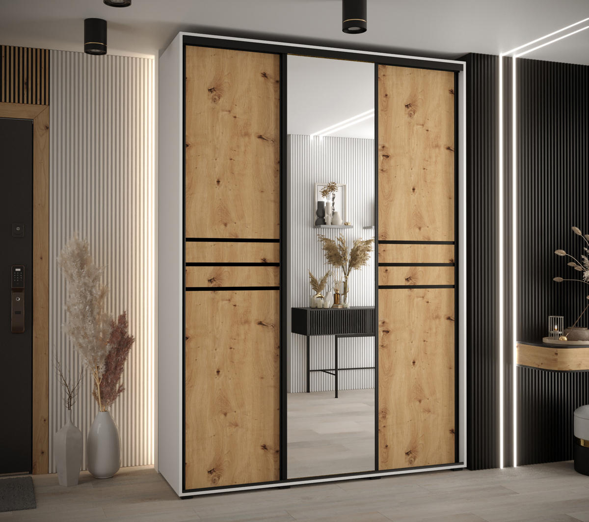SCHWEBETÜRENSCHRANK 235,2/180/60 3-türig - Schwarz/Eiche Artisan, Holz/Metall (180/235/60cm) - Abiks Möbel