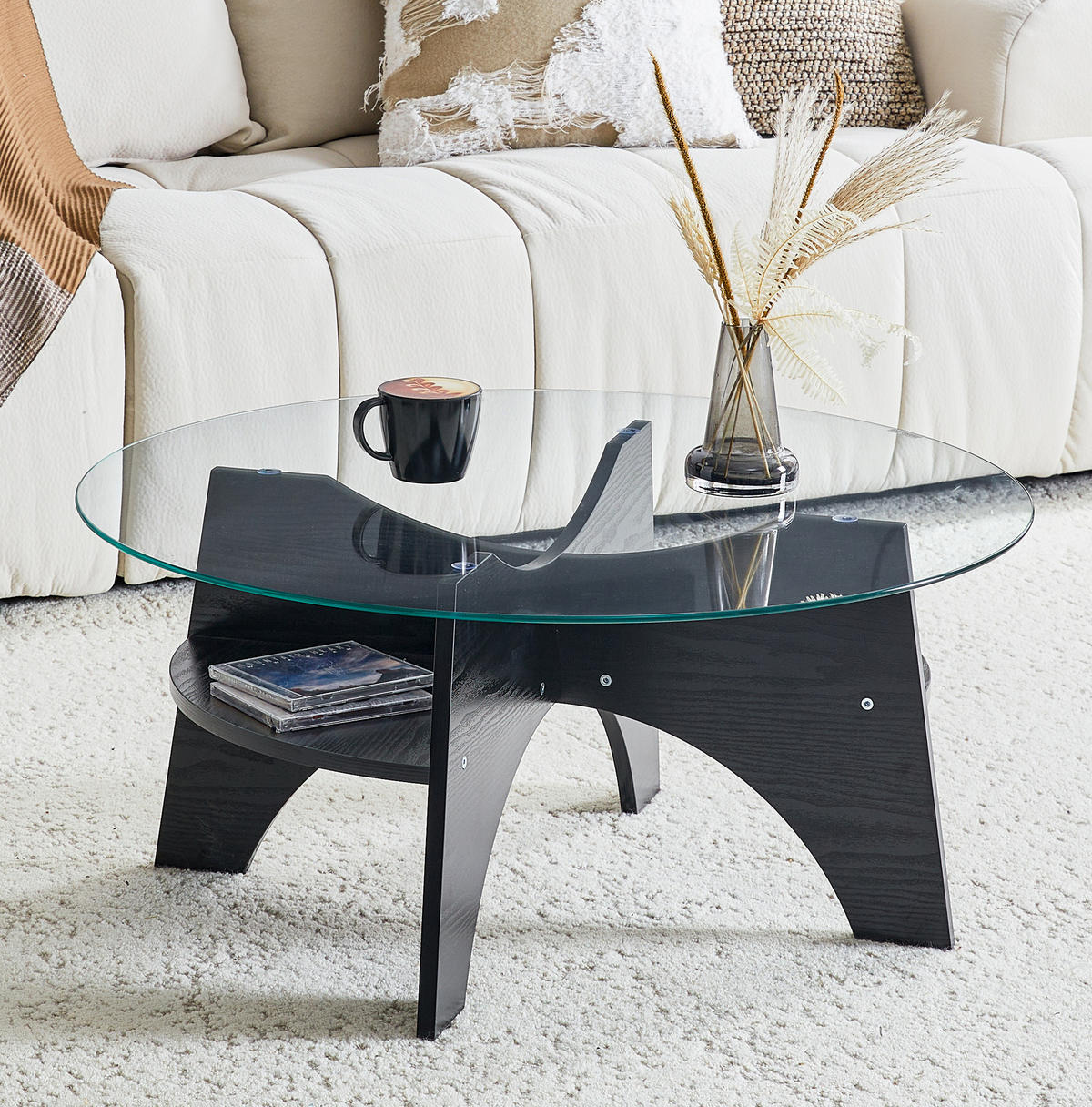 BEISTELLTISCH Ø 80/36 cm aus Sicherheitsglas mit fächerförmigem MDF-Gestell, Schwarz/Transparent - Schwarz, Holzwerkstoff (80/80/36cm) - Redom