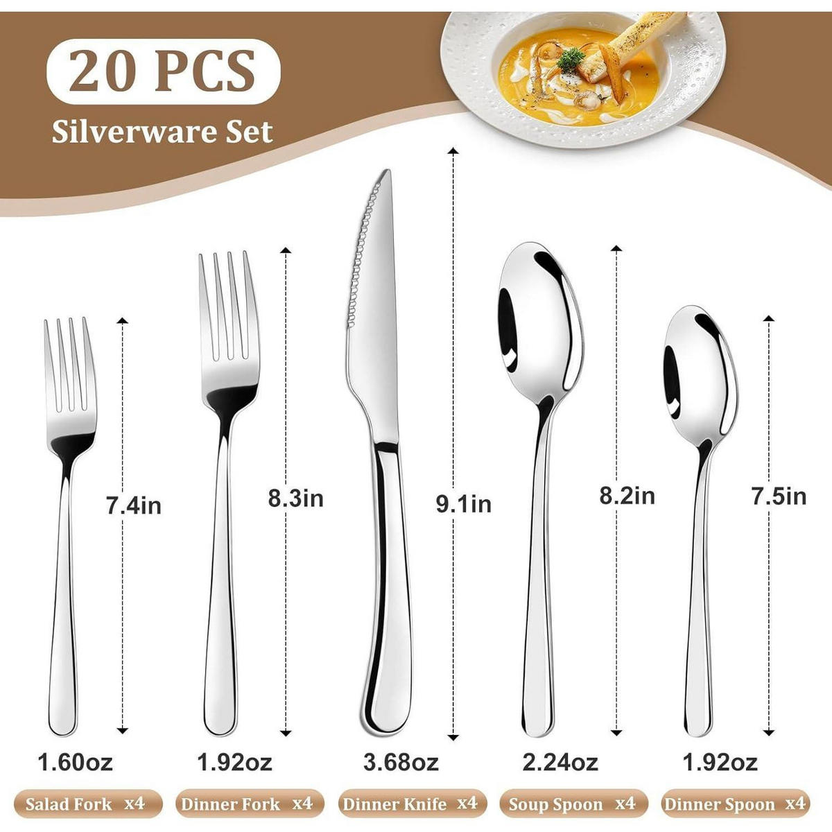 BESTECKSET 20-teilig für 4 Personen Edelstahl Silber - Silberfarben, Metall
