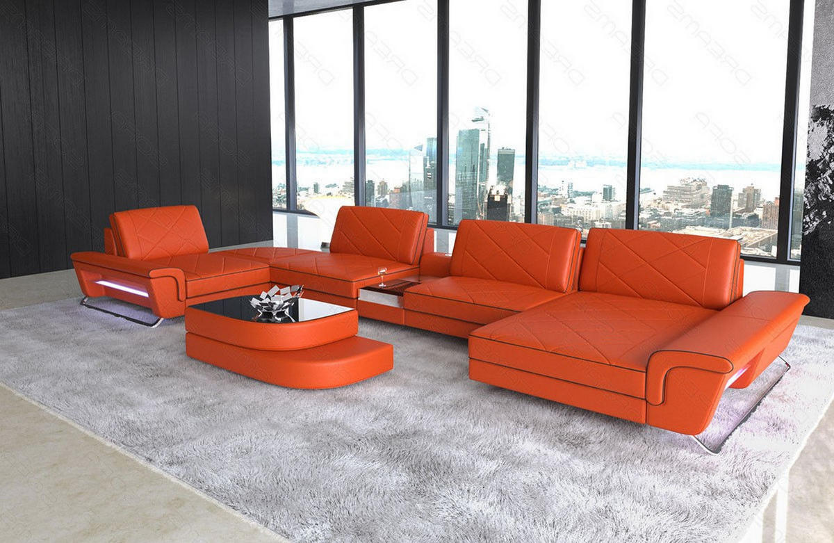 WOHNLANDSCHAFT Bari U - Orange, Leder (456/89/243cm) - Sofa Dreams
