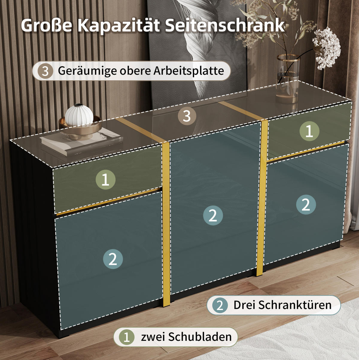 SIDEBOARD 160/40/78 cm mit 3 Türen, 2 Schubladen und verstellbaren Einlegeböden, Hochglanz MDF/PB, Schwarz - Schwarz, Holzwerkstoff (160/78/40cm) - Redom