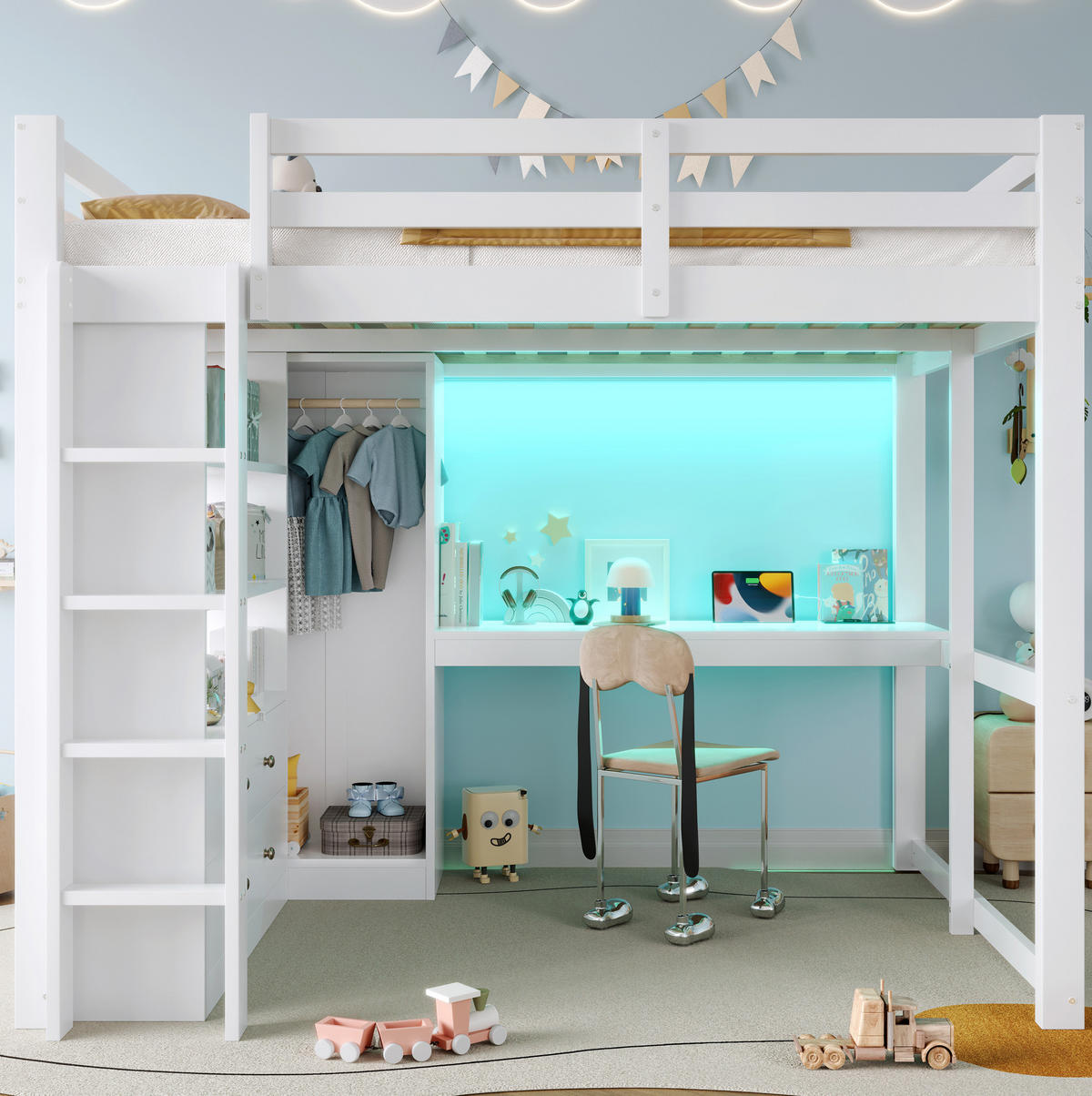 HOCHBETT 140/200 cm, weiß, mit Schreibtisch, 2 Schubladen, Regalen, LED und USB - Weiß, Holz (140/200cm) - MIVRAY