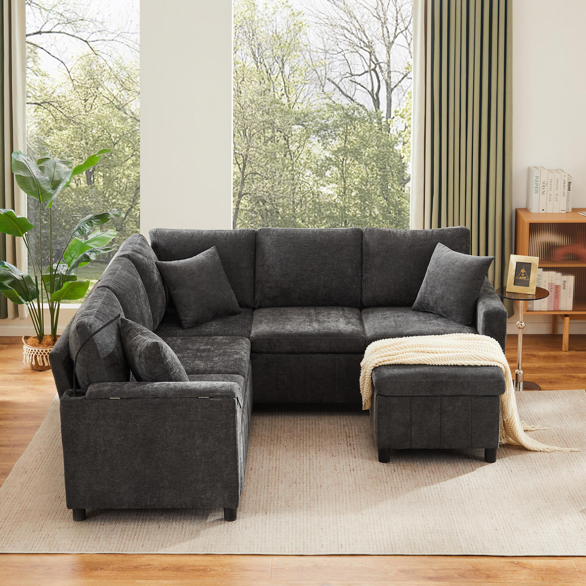 SOFA Grau Ecksofa Chenille Schlaffunktion USB Couchtisch 205cm - Grau, Textil (205/85/205cm) - FLIEKS