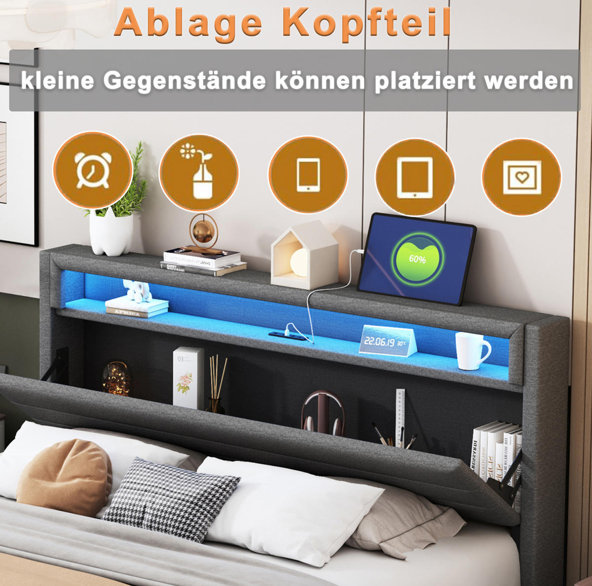 POLSTERBETT 140/200 cm grau aus Stoff mit Stauraum und LED - Grau, Textil (140/200cm) - OKMYHOME