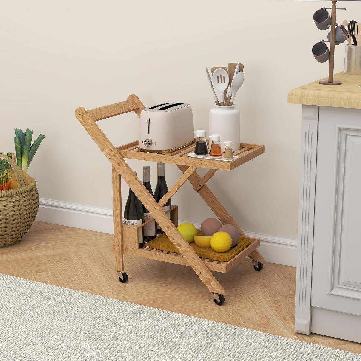 KÜCHENWAGEN mit Weinregal, 66 x 40 x 70 cm, Natur - Naturfarben, Naturmaterialien (40/70/66cm) - HOMCOM