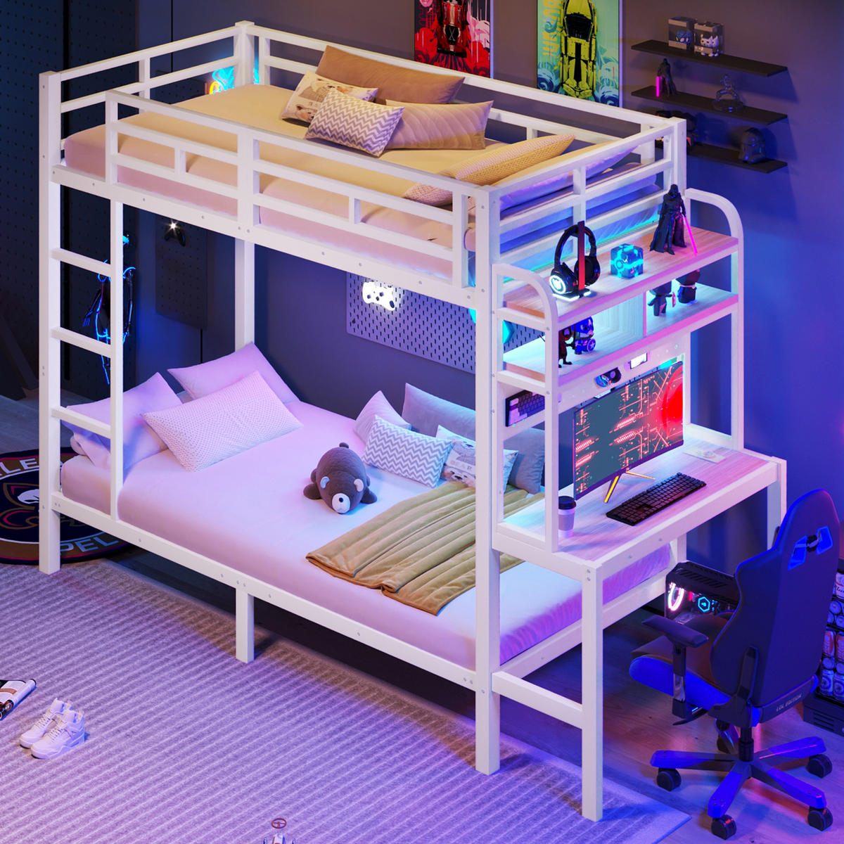 ETAGENBETT 90/200 cm in Weiß mit Schreibtisch, Regal, LED und USB Metall Kinderbett - Weiß, Holzwerkstoff/Metall (90/200cm) - STILVORA