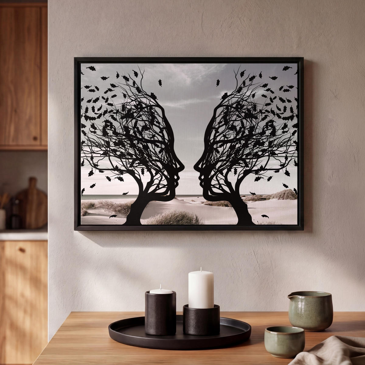 LEINWAND Bilder mit Rahmen - Strand - Meer - Menschen - Baum - Moderne Kunst - 40x30 - Hellgrau, Textil (40/30cm) - MuchoWow