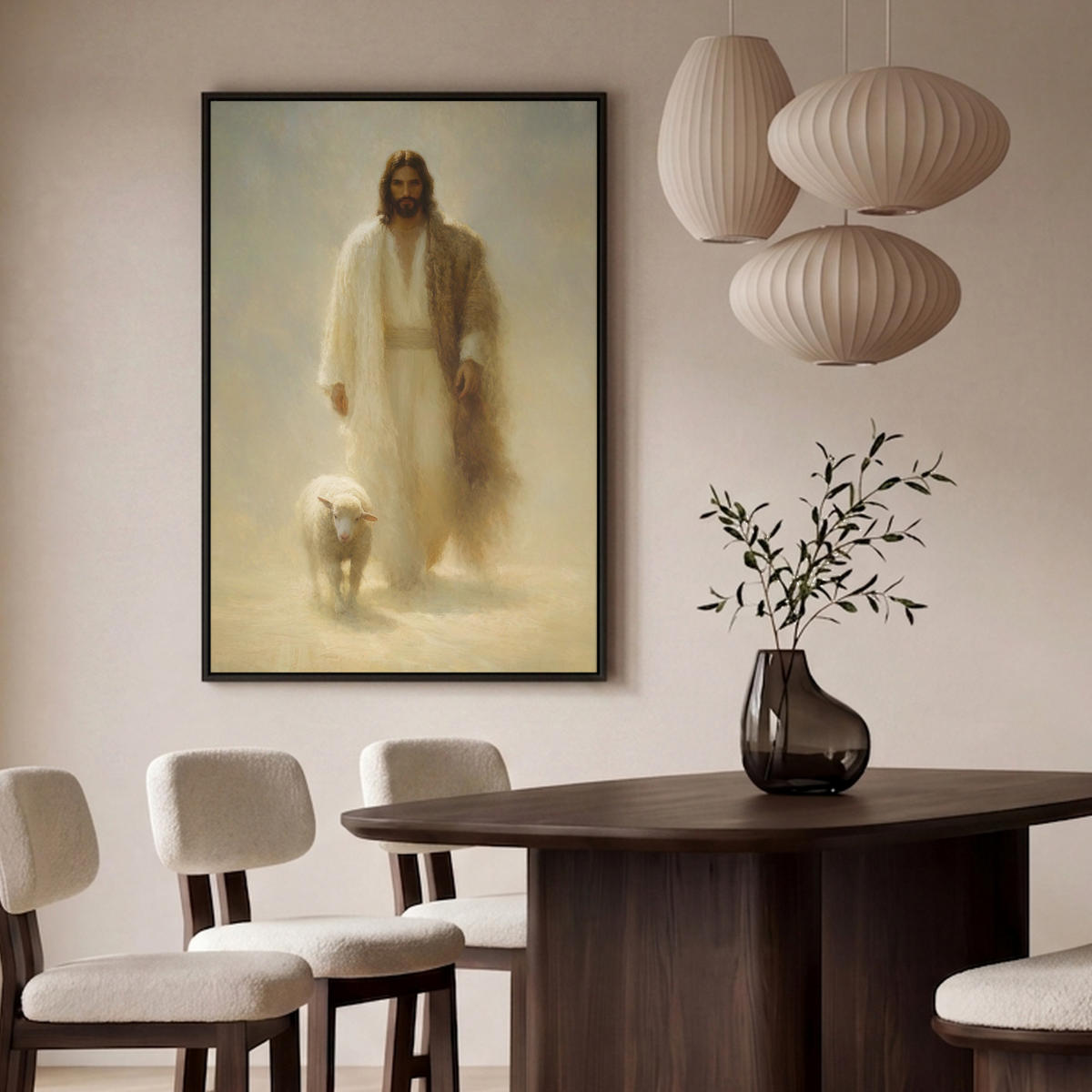 LEINWAND Bilder mit Rahmen - Schaf - Jesus - Pinselstriche - Abstrakt - 100x150 - Beige, Textil (100/150cm) - MuchoWow