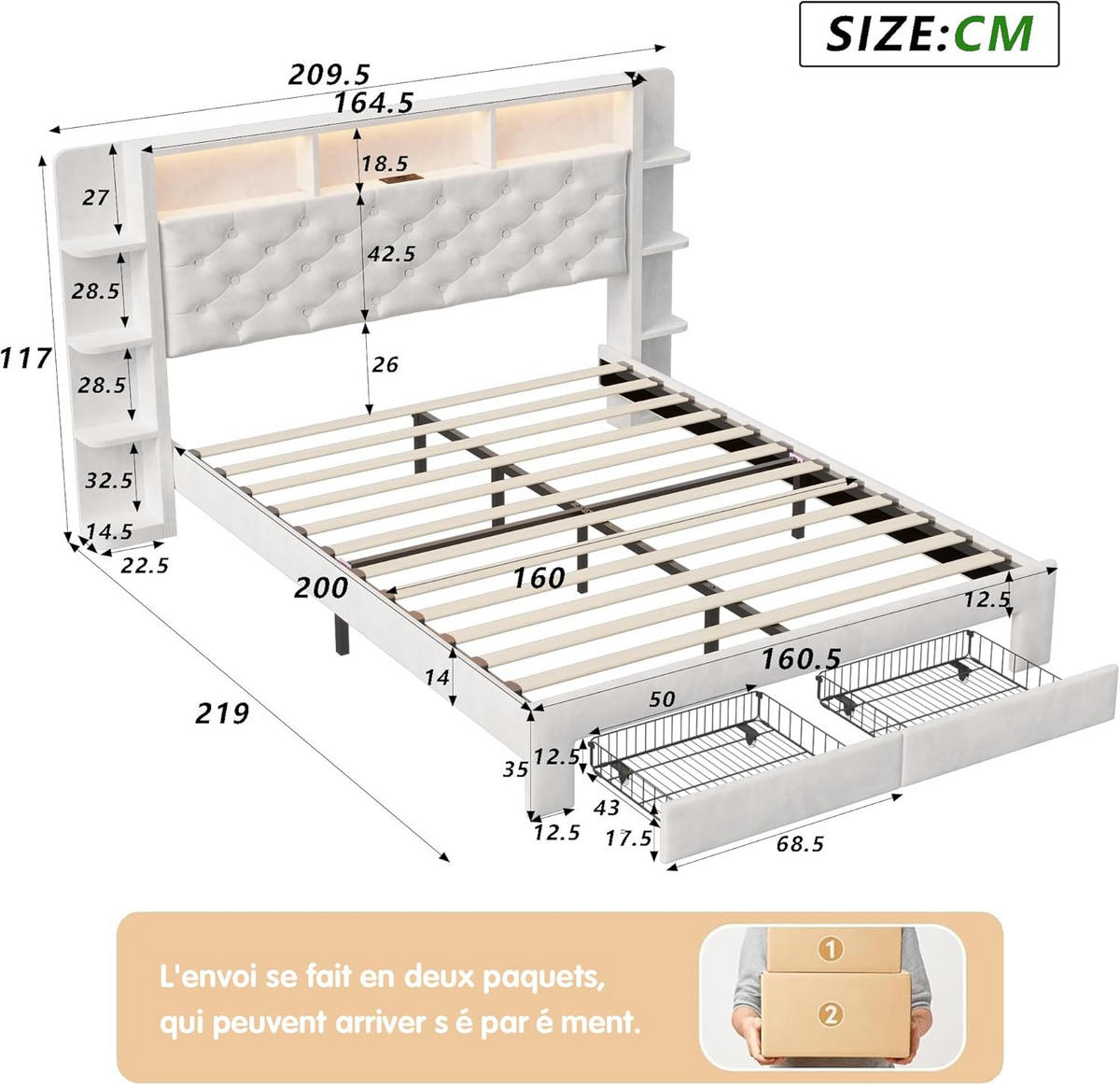 POLSTERBETT 160x200 cm mit LED, USB, 2 Schubladen, Samt, Weiß - Weiß, Holz (160/200cm)