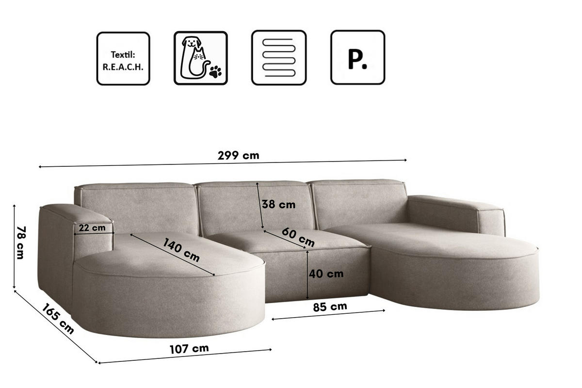 ECKSOFA Modena U-Form Elegant und Moderne Stoff Salvador Hellbeige - Creme, Holz/Textil (299/165cm) - Kaiser Möbel
