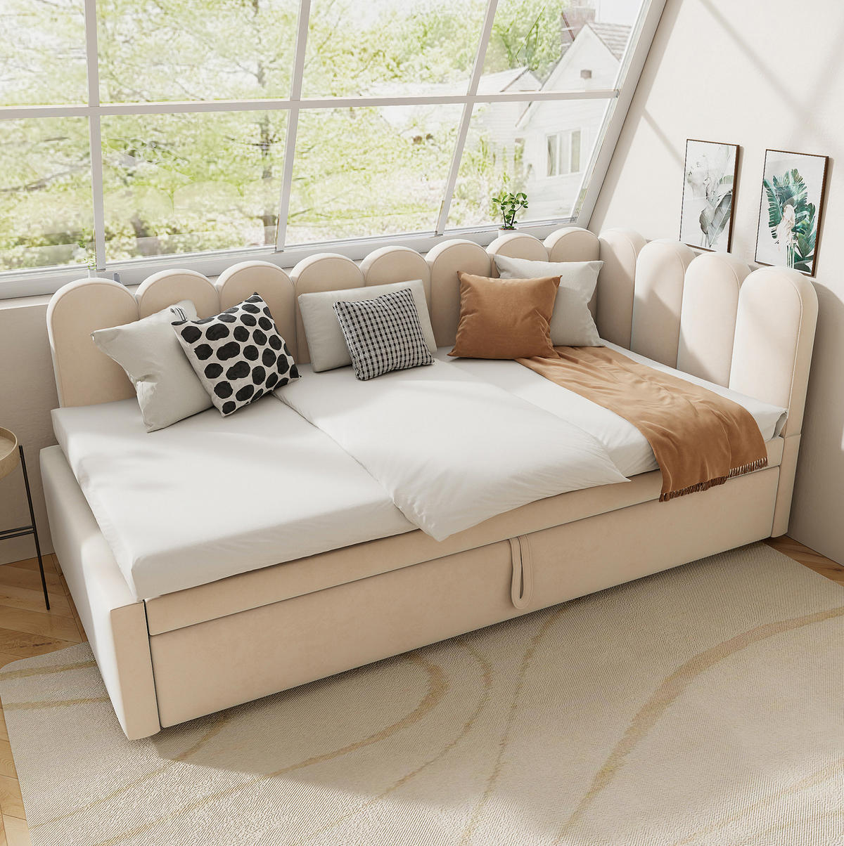 POLSTERBETT aus Samt 90/180x200 cm in Beige mit Ausziehbett - Beige, Textil (90/200cm) - Modfu