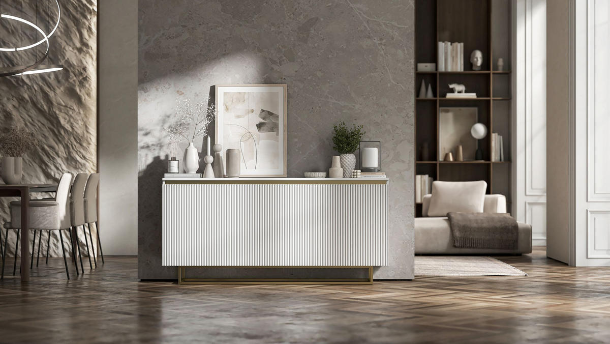 SIDEBOARD Selene 3D Weiß Matt mit geriffelten Fronten Glamour 167 cm - Goldfarben/Weiß, Holzwerkstoff/Metall (167/79/35cm) - Meble Lindner