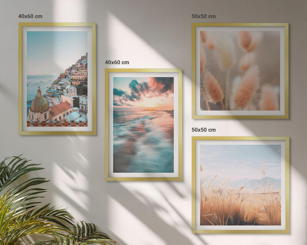 BILDER SET 4er Set - 50x50 cm & 40x60 cm Goldrahmen - Sonnenuntergang am Meer, Häuser, Blumen - Goldfarben, Kunststoff (50/50cm) - TULUP