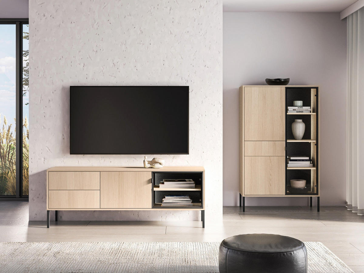 TV-LOWBOARD Barnee mit beleuchteter Glasvitrine, Eichenholzoptik, 160 cm - Beige/Schwarz, Holzwerkstoff/Metall (160/58.9/40cm) - Selsey
