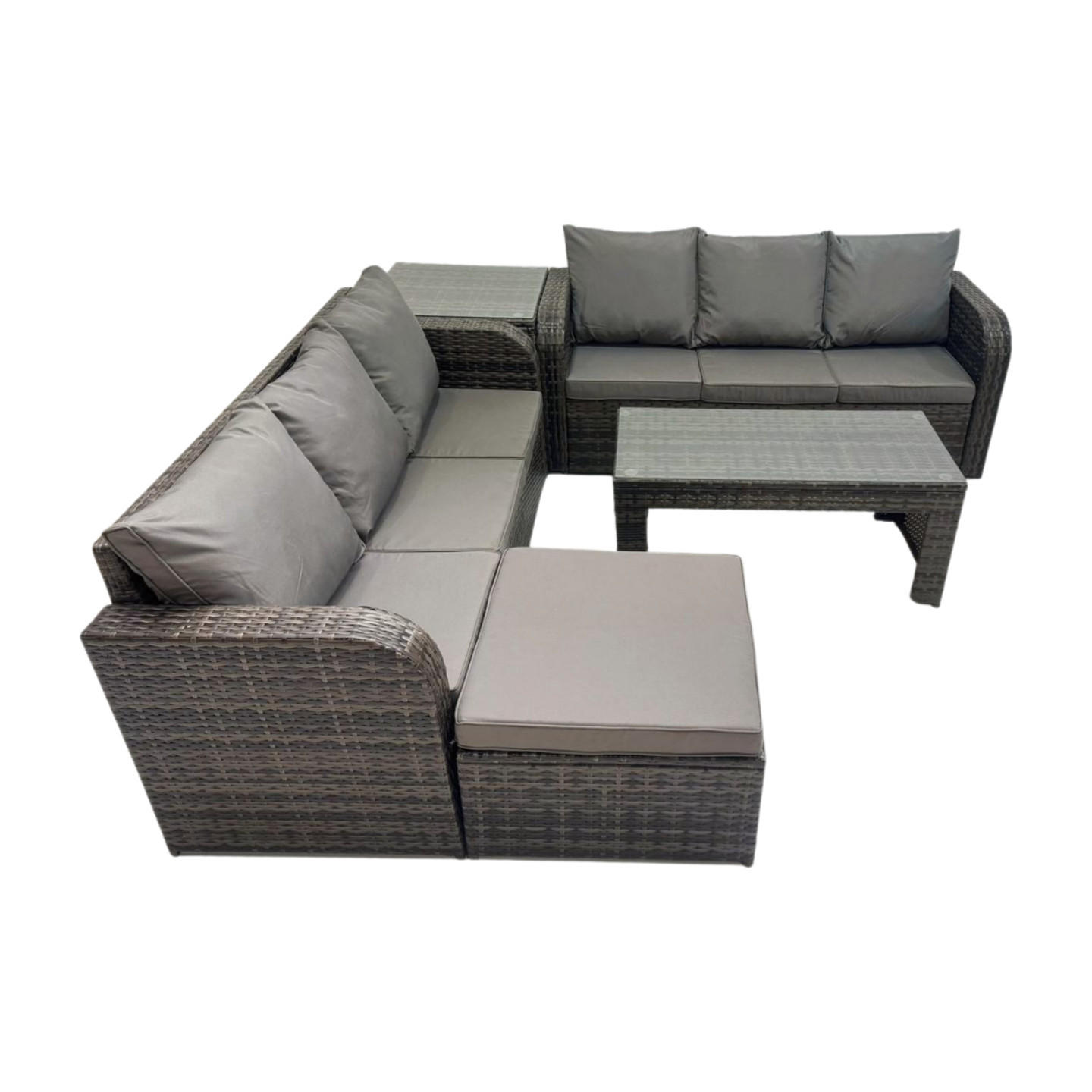 GARTENSOFA SET mit COUCHTISCH Polyrattan 7-Sitzer - Dunkelgrau/Grau, Glas/Kunststoff - Fimous