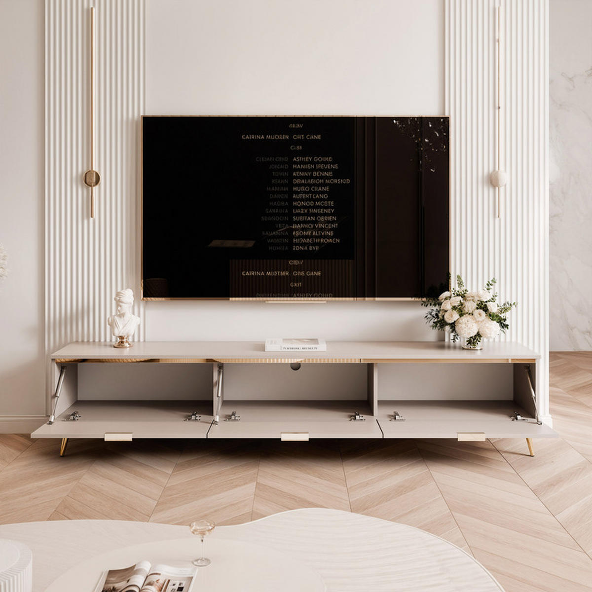 TV-LOWBOARD SELIA mit LED-Beleuchtung, 200 cm Kaschmir - Kaschmir/Goldfarben, Holzwerkstoff/Metall (200/42/35cm) - Idohome