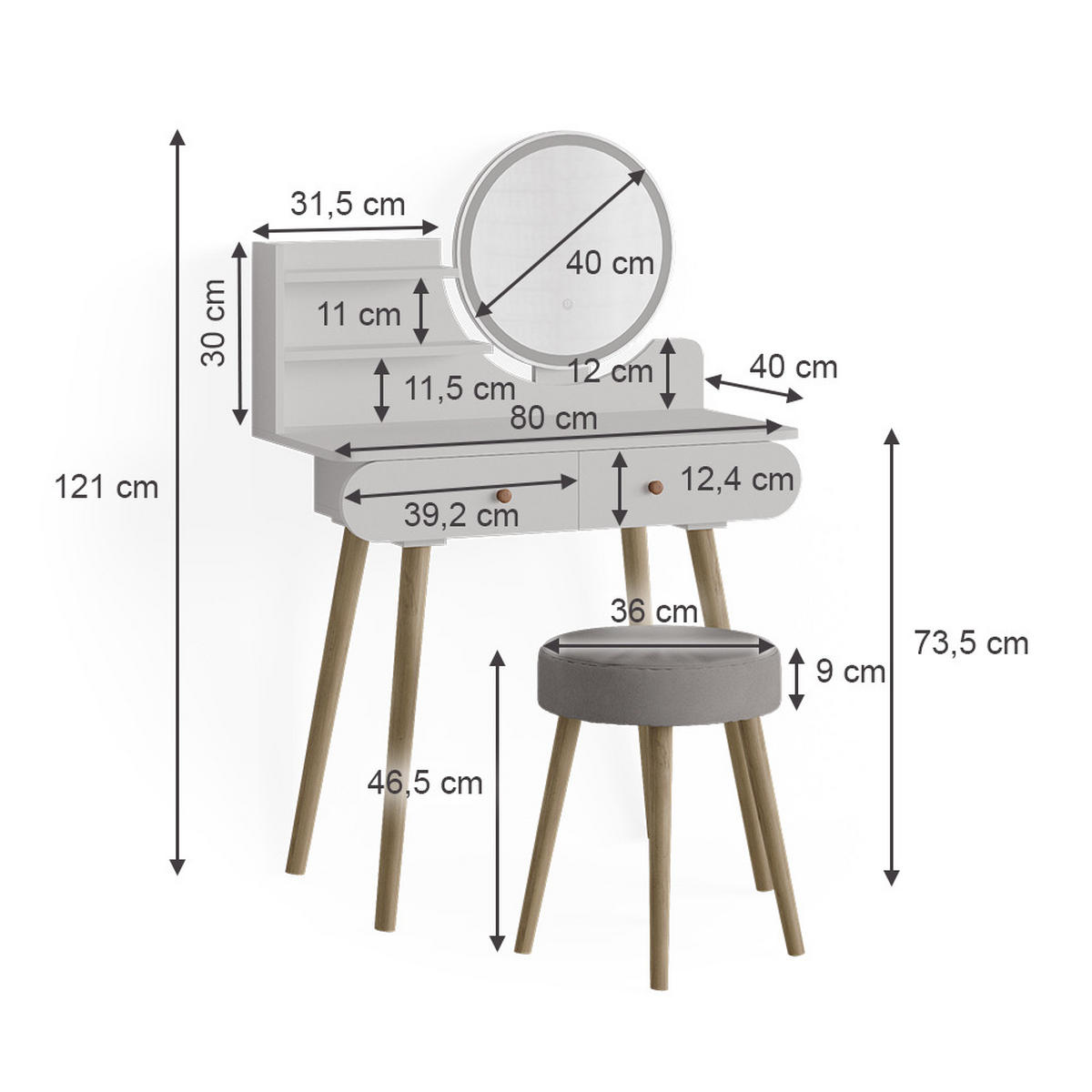 SCHMINKTISCH Edda Weiß 80 cm mit LED Beleuchtung und Hocker - Weiß, Holzwerkstoff (80/121/40cm) - Vicco