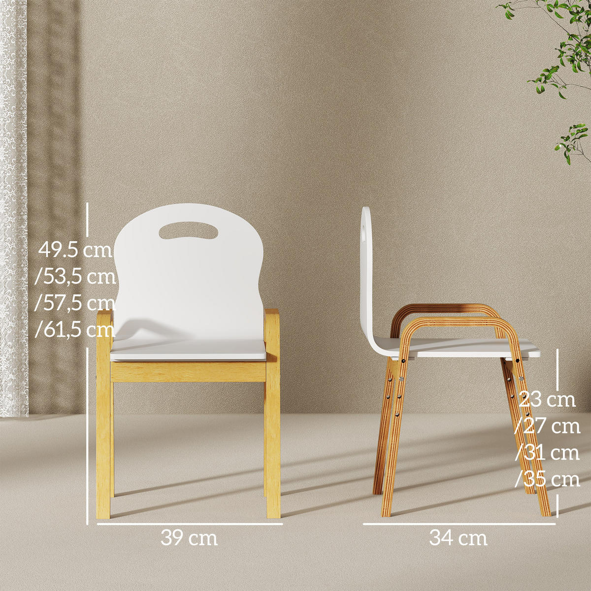 KINDERSTUHL aus Holz Höhenverstellbar mit Armlehne 2er Set - Birkefarben/Weiß, Holz/Birkenholz (34/61.5/39cm) - AIYAPLAY