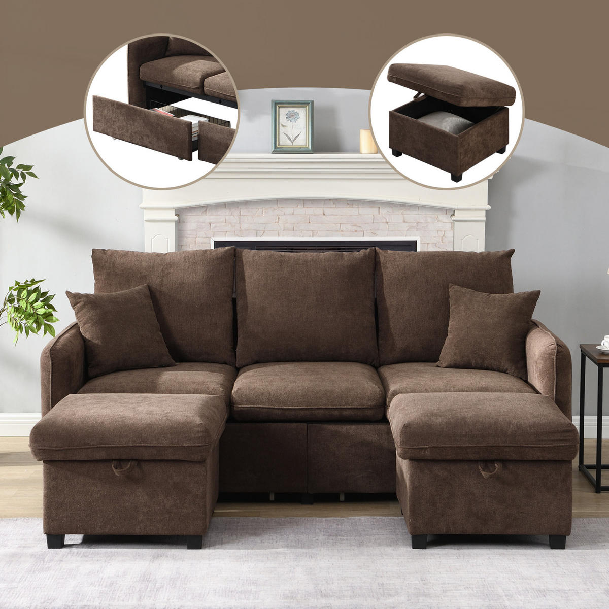 ECKSOFA-SET Chenille mit Stauraum und Schlaffunktion 3-Sitzer und 2 Hocker 188/186/86 cm Dunkelbraun - Dunkelbraun, Kunststoff/Textil (186/188cm) - Redom